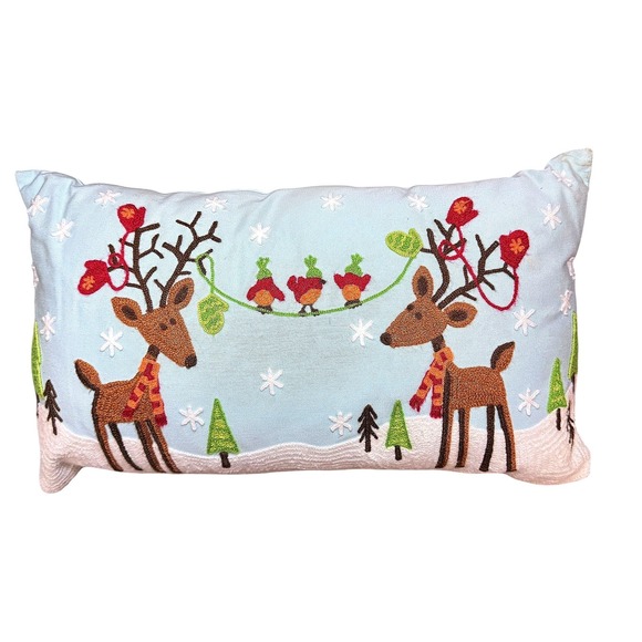 Pier 1 Other - Pier 1 Embroidered Reindeer Birds Christmas Decorative Pillow Light Blue Festive